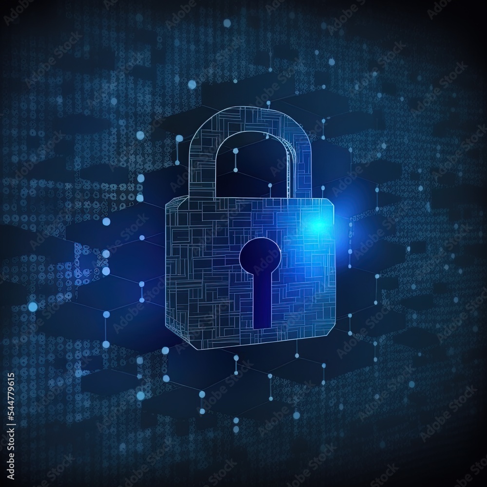 Poster cybersecurity and digital data protection technology concept background image. small padlock binary 