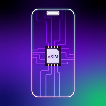Colorful tech illustration design for the new esim or e-sim with circuit and smart phone outline on a smooth gradient square background. esim banner neon style gradient mesh background.