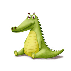 Fototapeta premium Cute Crocodile. Funny Alligator isolated on white. Cartoon hand drawn Illustration. Green Animal Character is sitting