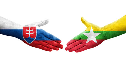 Handshake between Myanmar and Slovakia flags painted on hands, isolated transparent image.