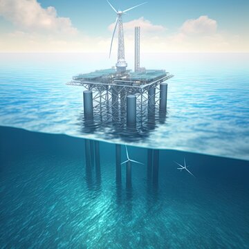 The Concept Of Offshore Hydrogen Production Through A Hydrogen Rig Platform With An Offshore Wind Turbine Farm In The Middle Of The Sea. 3d Rendering