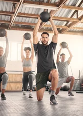 Gardinen Fitness, training and medicine ball with people in gym and class for workout, health and sports exercise. Wellness, strong and weights with athlete bodybuilder for muscle, coaching and endurance © N F/peopleimages.com
