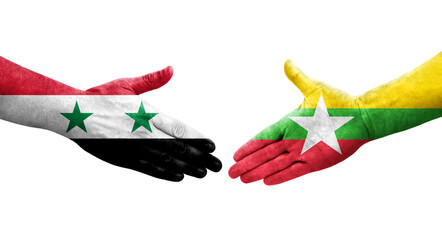 Handshake between Myanmar and Syria flags painted on hands, isolated transparent image.