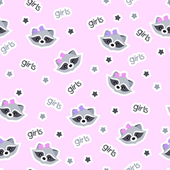 Seamless pattern with raccoon heads on a pink background. Isolated funny raccoon. Emotion little raccoon. Vector set cute raccoons. Cartoon raccoons.