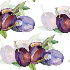 Watercolor pattern of plums. Image on a white and color background.