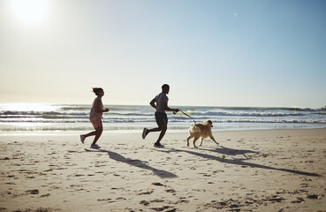 Fitness, running and dog with couple at beach for freedom health and summer exercise. Sports,...