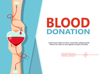 Blood donation day. Give life to be a hero. The donor arm is delivering blood to the recipient of the heart bag, sustaining life for the patient. Vector illustration flat design for poster and banner.