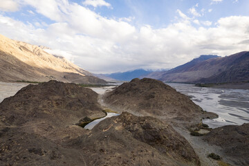 aerial view of Tso Yarab Lake -  Hidden Buddhist Sacred. Himalaya mountains range. India, Ladakh, near in Nubra Valley.