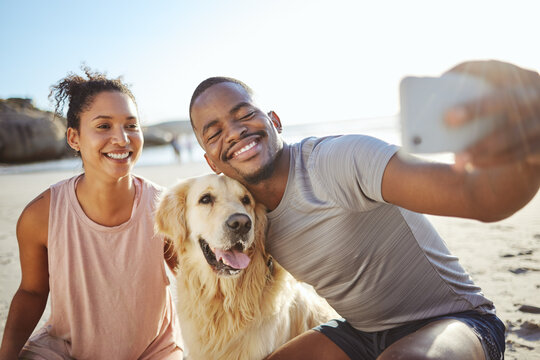 Couple, phone selfie and dog on beach for social media post, video call or memory vlog by ocean, sea or water. Smile, happy or bonding black woman, man and golden retriever in mobile photography tech