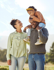 Parents, kids and happy family in park, garden and sunshine field outdoors for bonding, love and...