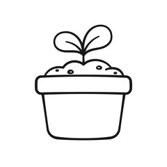 Seedling sprout in a flower pot cute cartoon illustration. Plant growth process cycle. Gardening farming agriculture coloring book page activity worksheet for kids