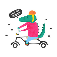 Cute crocodile riding a bicycle in childish style. Vector Illustration. Can be used for fabric and textile, wallpapers, backgrounds, home decor, posters, cards.