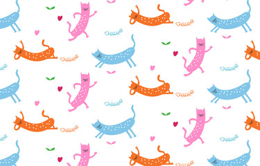 Fototapeta premium Cute cat seamless pattern in childish style. Vector Illustration. Can be used for fabric and textile, wallpapers, backgrounds, home decor, posters, cards.