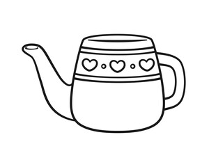 Ceramic watering can pot cute cartoon outline line art illustration. Gardening farming agriculture coloring book page activity worksheet for kids