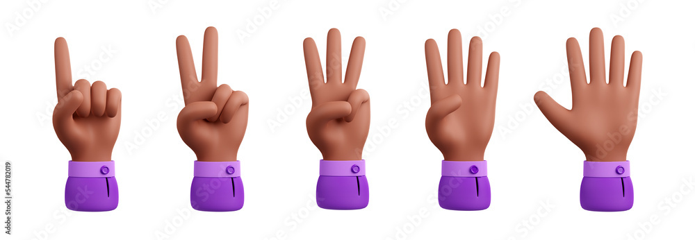 Poster 3d illustration set of hand counting one to five isolated on white background. human character palm 
