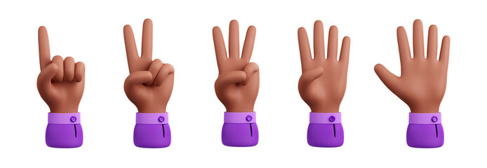 3D illustration set of hand counting one to five isolated on white background. Human character palm with raised 1 to 5 fingers showing number of business steps, tasks, pointing or pushing button