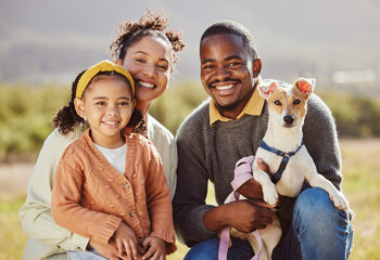 Happy family, dog and portrait and a park, relax and smile while bonding in nature, calm and...