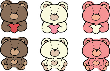 ハートを抱くテディベアの手書きイラストセット　ベクター素材