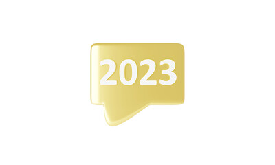 3D Minimal golden chat 2023 on isolate white background. concept of social media messages. 3d rendering illustration Minimal blank chat boxes sign. Chat for text icon on pastel. Happy new year 2023