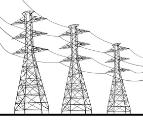 Line Drawing illustration of transmission tower or power line electricity pylons on isolated background done in black and white.  - 544783006
