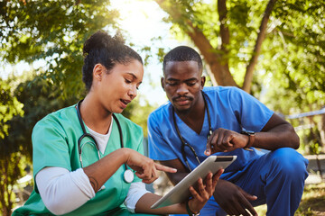 Nurse, teamwork and doctors with a tablet in nature for medical research on natural healing...