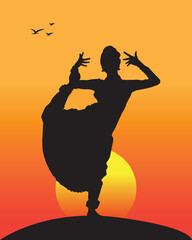 Bharatanatyam, south Indian classical dance by woman. Beautiful girl dancing with sunset background.