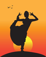 Bharatanatyam, south Indian classical dance by woman. Beautiful girl dancing with sunset background. © Satya
