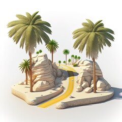 3d illustration of piece of desert isolated, creative travel and tourism road design with palm trees. unusual illustration