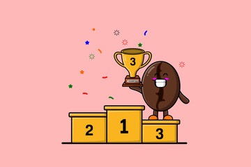 Cute Cartoon character illustration of Coffee beans is holding up the golden trophy in illustration