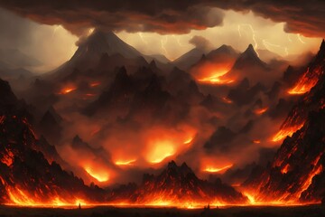Vulcano scene fire smoke lighting 3d render 3d illustration