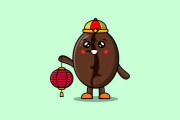 Cute cartoon Coffee beans chinese character holding lantern in vector icon illustration