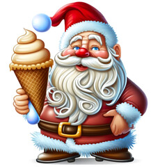 Santa claus with ice cream, sweets, toys in hands in cartoon funny style. Handsome cheerful santa smiles. Children's drawings and toys. Christmas logo.