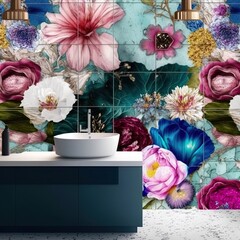 Colorful digital wall tiles new flower design for bathroom and kitchen and also for home decor.3D illustration 3D rendering.