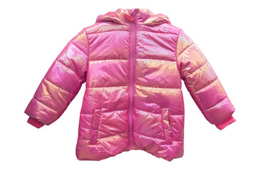 Pink hooded warm sport puffer jacket isolated over white background. Blank template down jacket...
