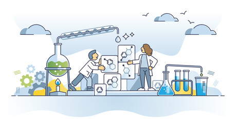 Chemical engineer with chemistry research knowledge outline concept. Professional material development process and substance reaction in laboratory vector illustration. Work with innovative experiment