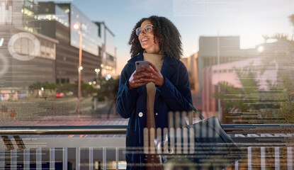 Black woman, phone and city in social media vision for communication technology at night on...