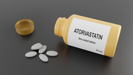 Atorvastatin statin medication used to prevent cardiovascular disease in those at high risk and to treat abnormal lipid levels. 3d illustration