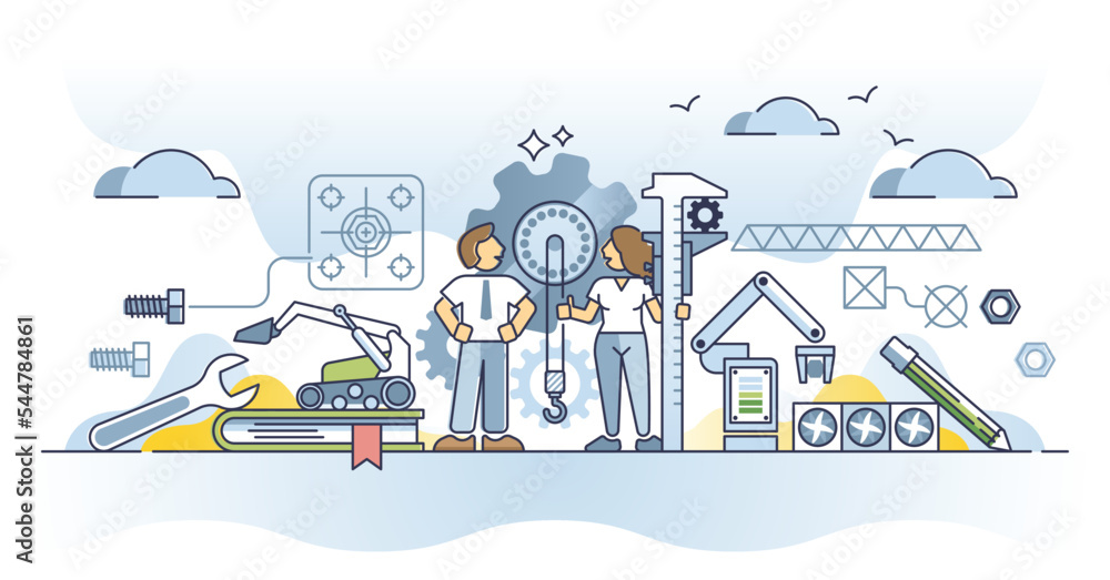 Poster mechanical engineer job with technical specialty knowledge outline concept. machine work development