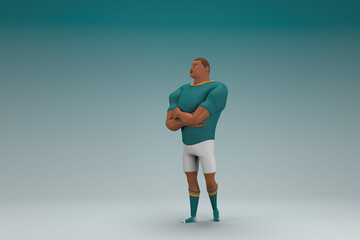 An athlete wearing a green shirt and white pants  is expression of hand when talking. 3d rendering of cartoon character in acting.