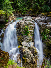 A split waterfall in Washington State in summer