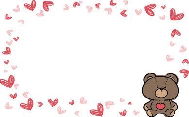 右隅にくまがいる赤とピンクのハートの角形フレーム