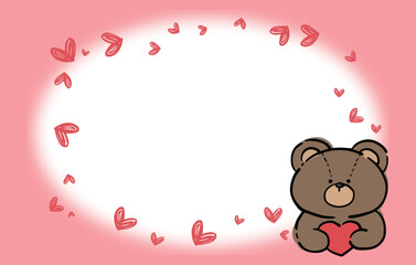 右隅にくまがいる赤色ハートの丸型フレーム