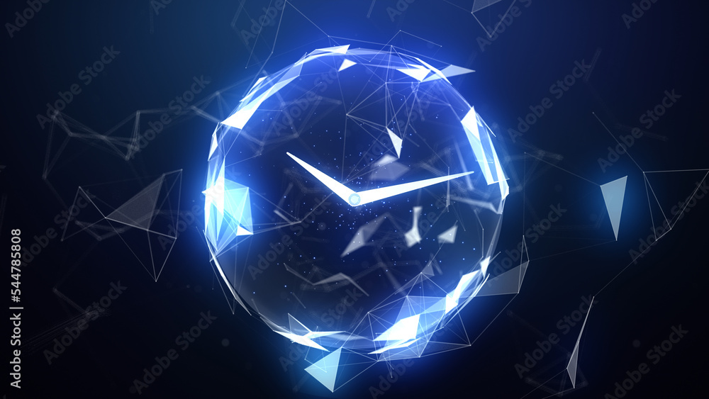 Poster fast moving clock with spinning circle graphics on a dark blue background