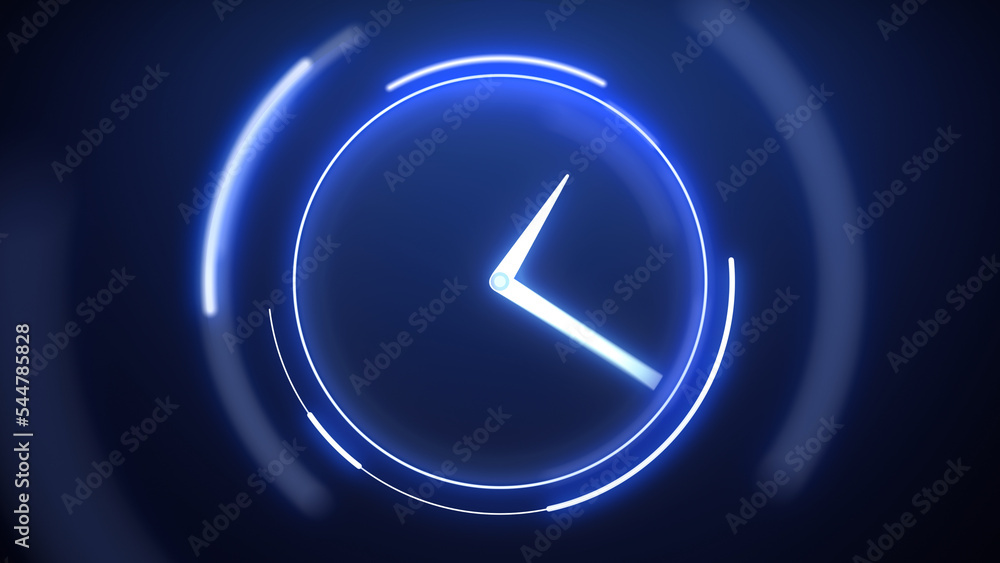 Poster fast moving clock with spinning circle graphics on a dark blue background