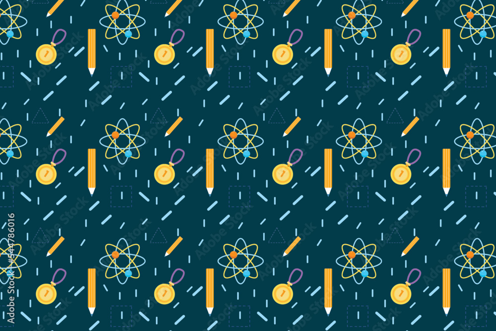 Poster minimal education pattern decoration with atomic structure, pencil, and medal icons. seamless study 