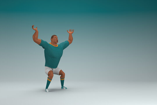 An athlete wearing a green shirt and white pants. He is pulling or pushing something. 3d rendering of cartoon character in acting.