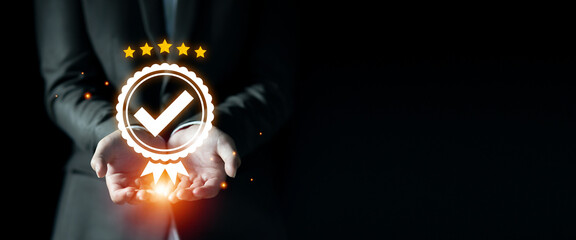 Businessman showing virtual guarantee ion with copy space banner, Standard quality control certification assurance guarantee concept. Hands giving the best quality of product and service to customer