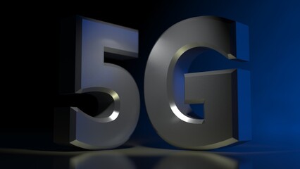 Metallic silver 5G LTE title under reflective dark blue lighting background. Technology sign. 3D illustration.