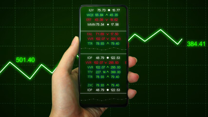 Hand businessman holding phone mobile on green screen on Stock markets uptrend dynamic chart on dynamic green background. Concept of financial stagnation, recession, crisis, business crash