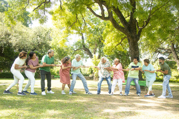 Obraz premium Group Of Senior Indian People Playing Tug War Outdoor In Park. Retirement life.